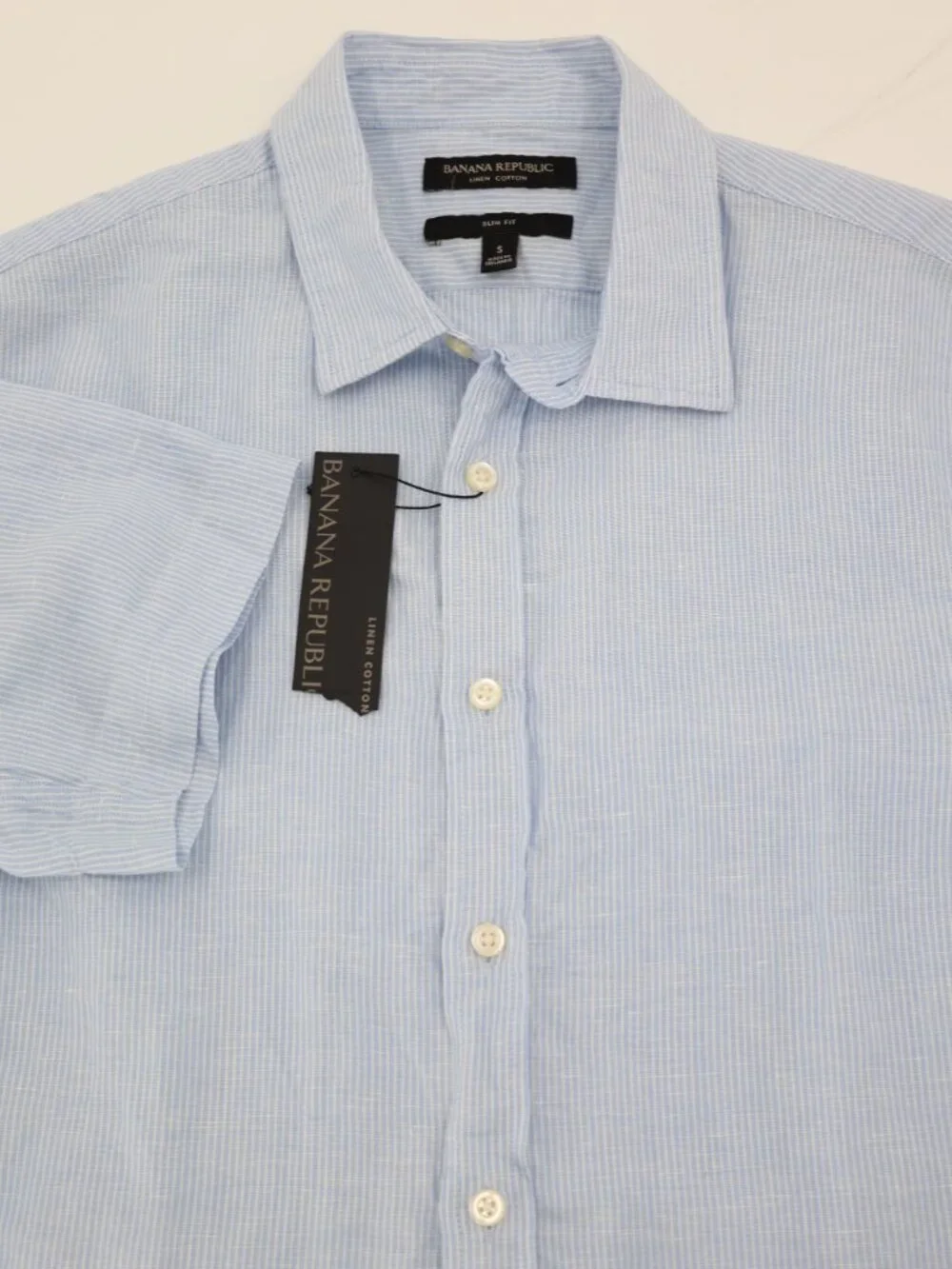NWT Banana Republic Shirt Mens Small Linen Cotton Slim Fit Striped Short Sleeve